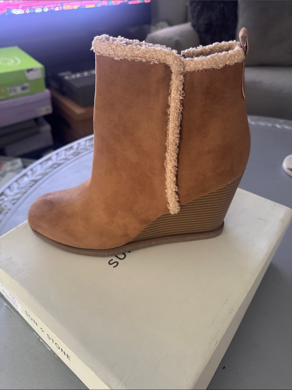 Sun and Stone Suede Faux-Shearling wedge Ankle Bootie — Tan